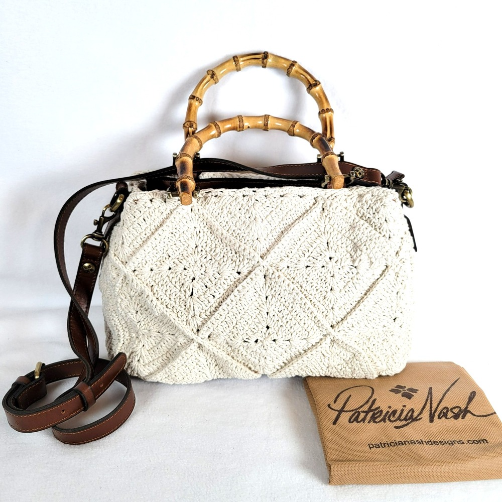 Patricia Nash Empoli Womens Diamond Cotton Crochet Satchel Crossbody Strap Beige